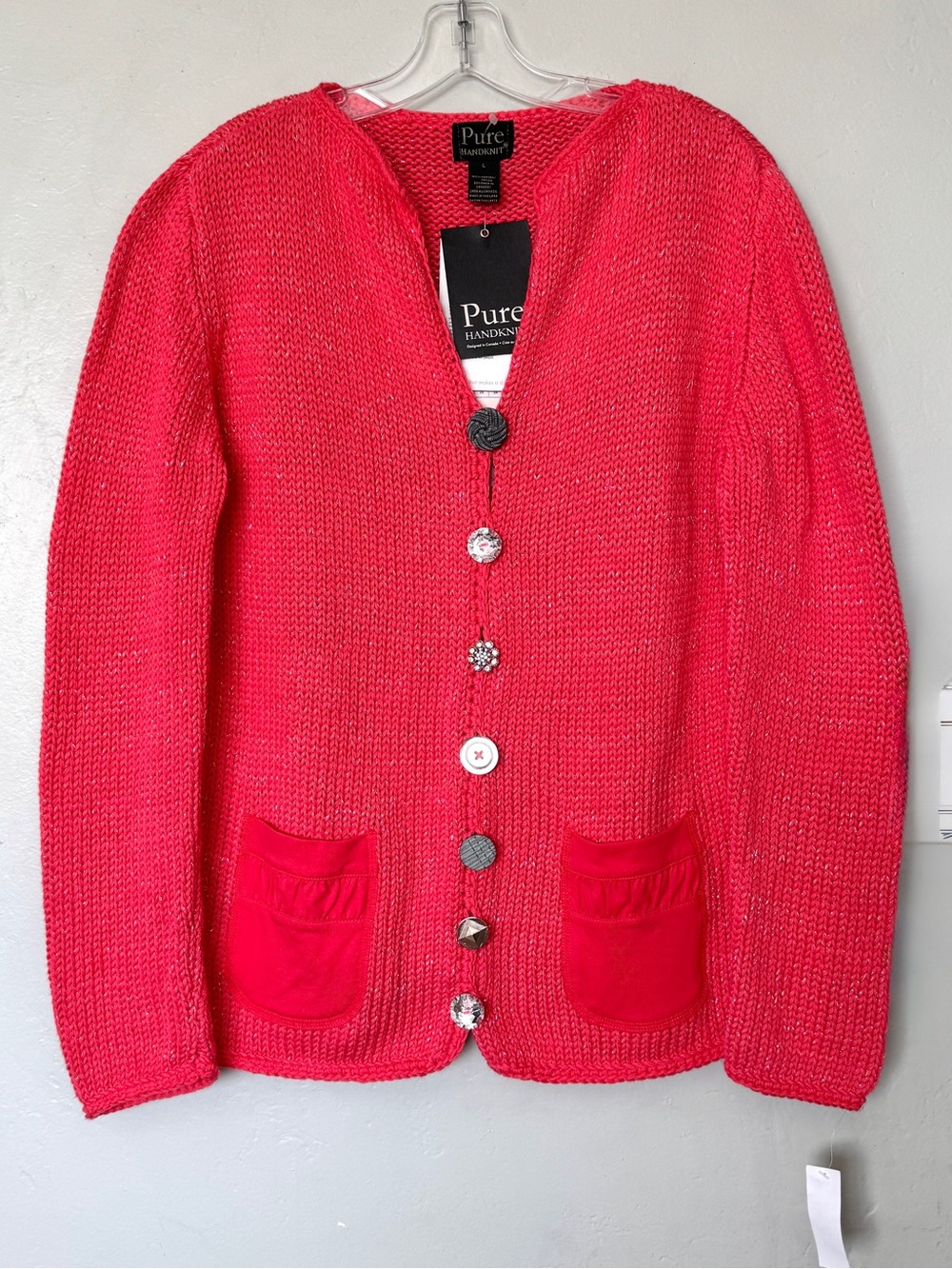 Pure Handknit Bay Breeze With Assorted Button Cardigan in Coastal Coral Size L